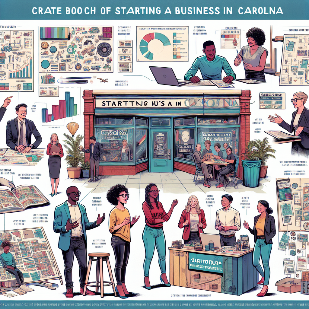 Create a vibrant, richly detailed digital illustration in a semi-realistic comic style. It should visually represent the process of starting a business in Carolina. Include expressive characters of diverse genders and descents, interacting with relevant props that match the theme, such as blueprints, startup investment charts, and storefront signage. The color palette should be bright and the layout clear, encapsulating an engaging editorial style thematic of entrepreneurship.