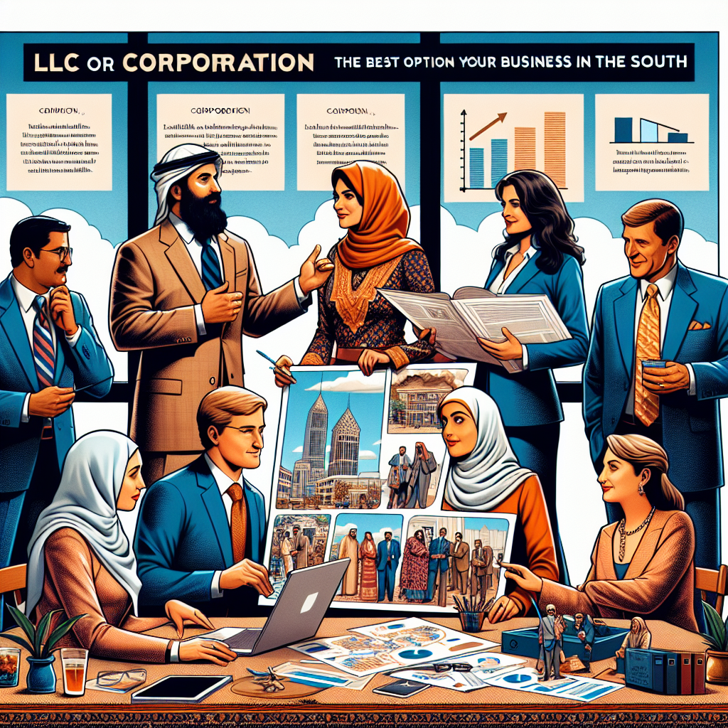 Create a stunning digital illustration that embodies a semi-realistic comic style. The theme is 'LLC or Corporation: The Best Option for your Business in the South'. Include a collection of expressive characters of different descents and genders, such as a Middle-Eastern woman and a Caucasian man, engaged in robust discussions and decision making. These individuals could be examining different business documents, models and diagrams. Also, introduce relevant props like paperwork, computers, and office furniture. Ensure a use of bright colors, clear composition, and an engaging editorial style. Set in a lively business environment with a distinct southern charm.