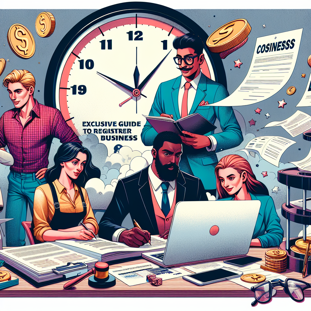 Create a vivid, detailed digital illustration in semi-realistic comic style showing the process of registering a business, titled 'Costs and Times: Exclusive Guide to Register Your Business'. The image should include diverse characters with different descent and gender - a Caucasian woman, a Middle-Eastern man, a South Asian man and a Black woman, all with expressive body language and facial expressions. They should be interacting with relevant props like documents, stamps, computers, and a giant timer symbolizing time factor. Make use of bright colors with a clear composition, in an engaging editorial style.
