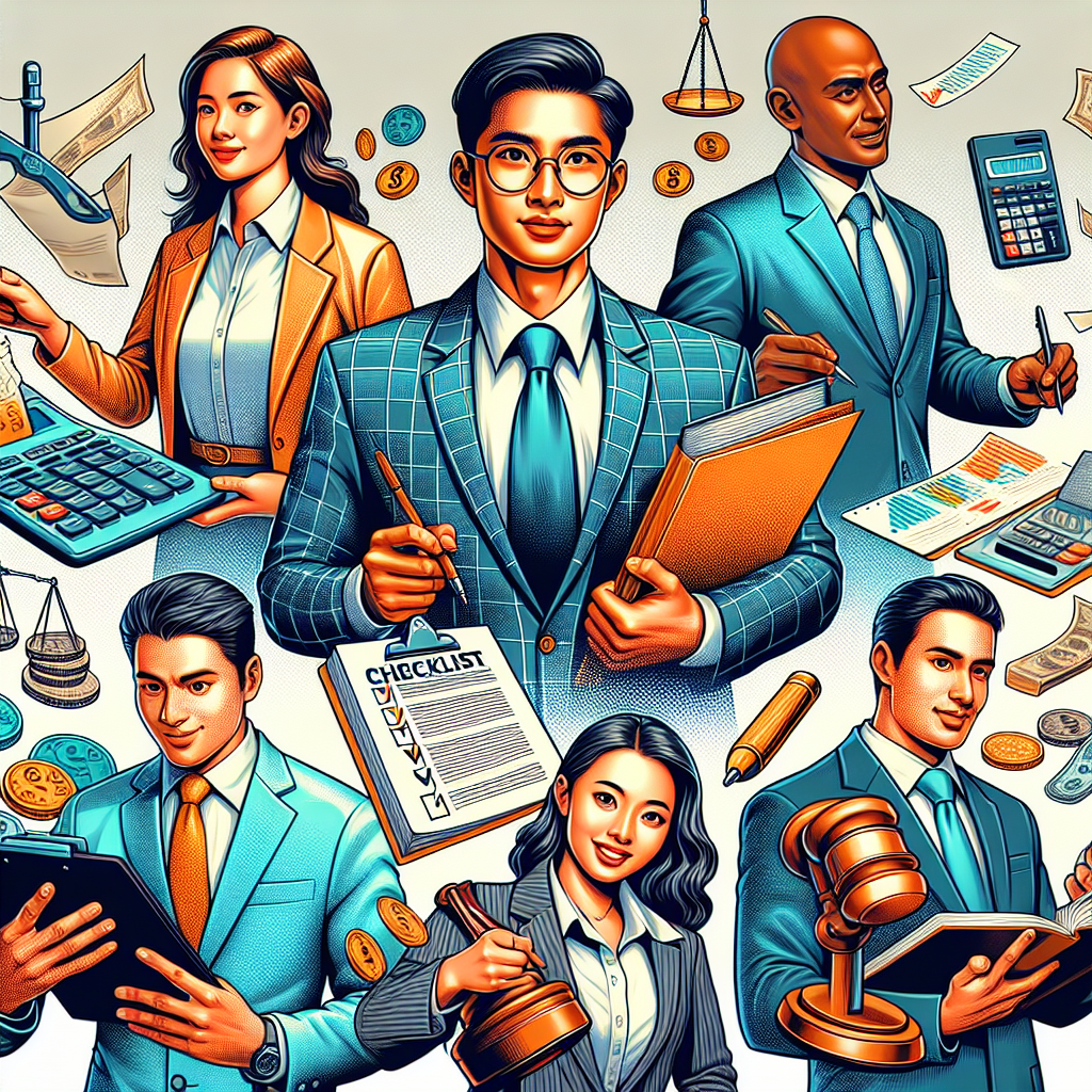Create a detailed digital illustration in a vibrant, semi-realistic comic style. The piece will revolve around the theme of a 'legal and fiscal checklist', indispensable for entrepreneurs. Include diverse characters with expressive faces: for instance, an Asian male entrepreneur making a checklist, a Caucasian female lawyer holding a law book, and a Middle-Eastern male accountant with a calculator. Arrange them in the frame to ensure a clear composition. Use bright colors to instill an energetic atmosphere. Each character and props like law books, checklists, and calculators should harmonize with the overall theme, creating an engaging editorial style image.