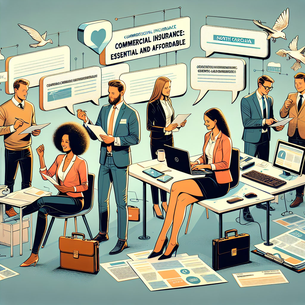 An engaging and lively digital illustration staged in North Carolina, focusing on the theme of 'Commercial Insurance: Essential and Affordable'. In the semi-realistic style of a comic, let this image contain expressive characters of diverse descents and genders engaged in various insurance tasks. They could be discussing, reviewing documents, or using computers. Ensure the props represent the world of insurance with items such as paper documents, computers, and briefcases. The color palette should be bright, reflecting positivity and assurance. The composition should be clear and simple, with an editorial narrative flow guiding viewers through the story.