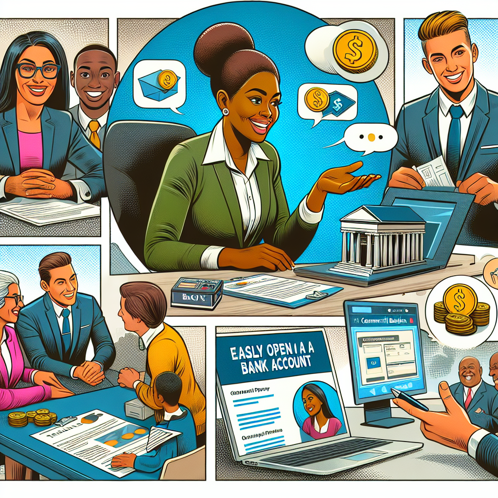 Create a vibrantly colored, semi-realistic comic styled digital illustration depicting the process of easily opening a commercial bank account in North Carolina. Include a diverse range of expressive characters such as a smartly dressed African American woman bank official, explaining the process to an interested Hispanic man ready to start a business venture. Spread across the scene, there could be various props related to banking like document papers, bank forms, and laptop showing a bank website. Ensure the overall composition is clear, engaging with an editorial feel.
