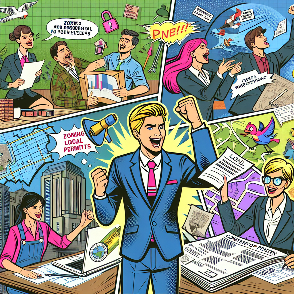 Create an engaging, semi-realistic comic style, digital illustration on the theme of 'Zoning and Local Permits: Essential for Your Success'. Include colorful characters expressive of emotion accompanied by relevant props, such as construction plans, local area maps, and permit documents, that symbolize the theme. Make sure the portrayal is dynamic and visually compelling, with the use of bright hues and distinct composition, providing an editorial allure to the illustration.