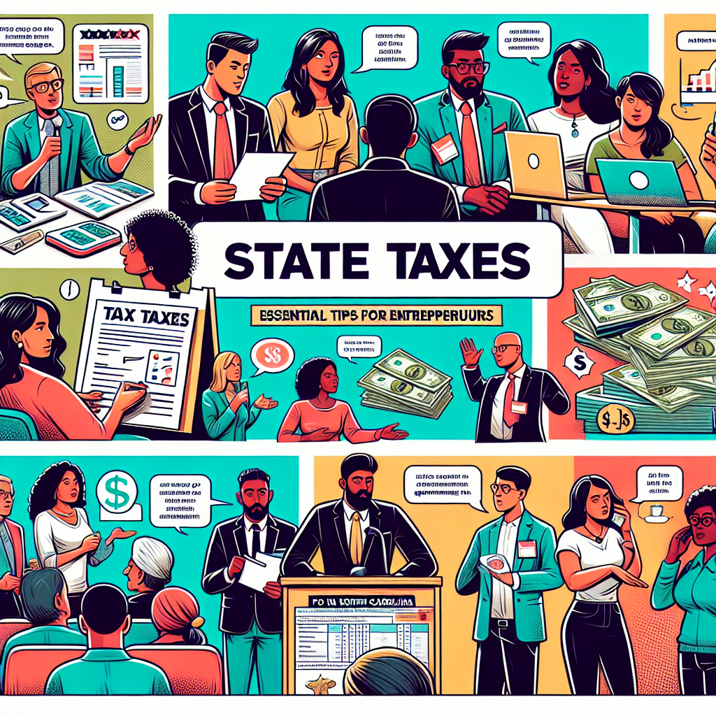 Create a semi-realistic comic-style digital illustration on the theme of State Taxes in North Carolina. It should feature Essential Tips for Entrepreneurs. Include a diverse group of people, representing various roles in entrepreneurship, such as a Middle-Eastern woman giving a presentation, a Caucasian man taking notes, a Black woman asking questions, and a South Asian man examining data on his laptop. Make sure to include relevant tax-related props, like tax forms, calculators and dollar signs. The palette should incorporate bright colors. The composition should be clear, with the characters positioned in an engaging manner that draws attention to the narrative of the illustration.