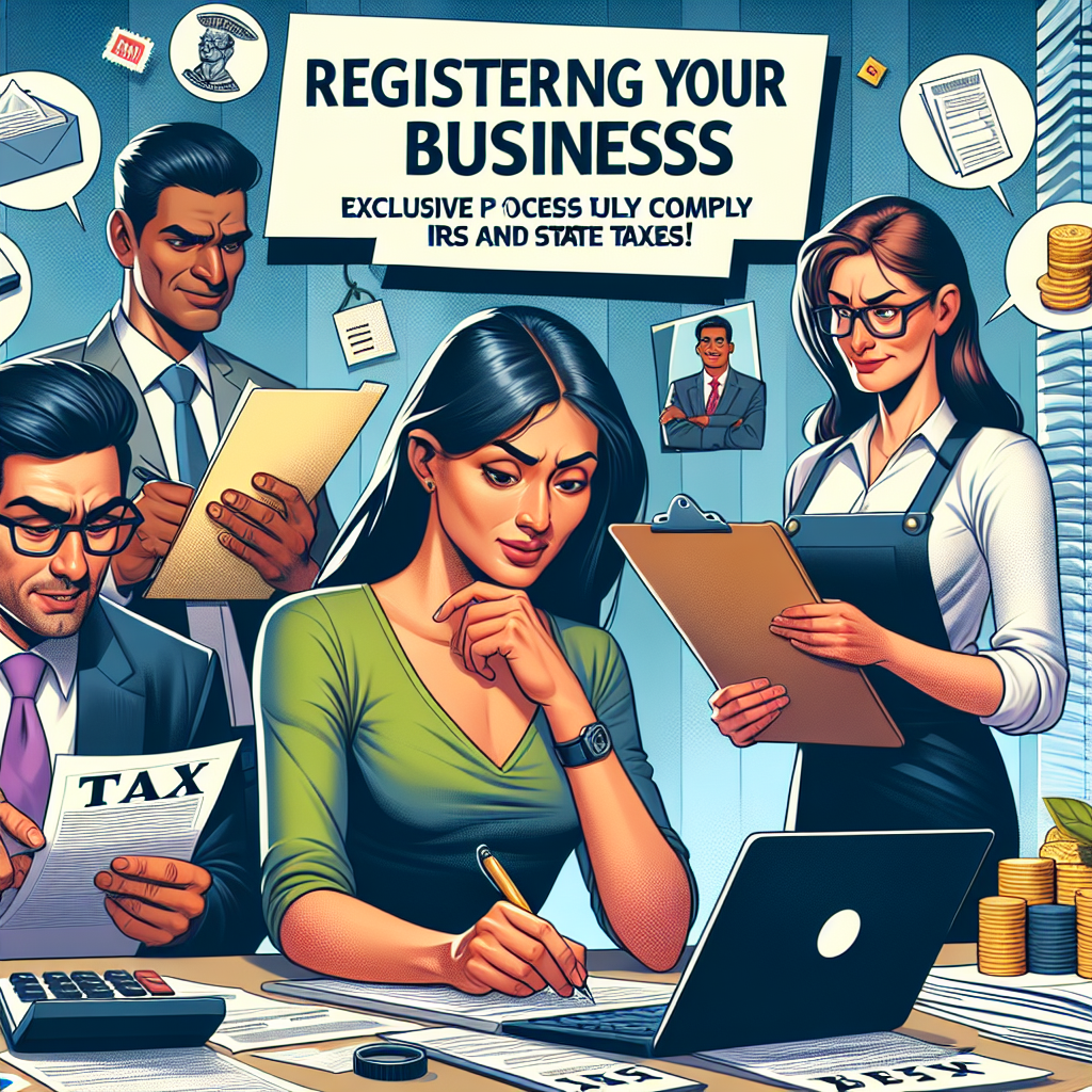 Create a vivid, detailed digital illustration in a semi-realistic comic style about 'Registering Your Business: Exclusive process to fully comply with IRS and state taxes!'. Include a diverse set of expressive characters such as a Hispanic female accountant focusing intensely on paperwork, a South-Asian male entrepreneur looking relieved and a Caucasian male tax officer looking satisfied. They all have relevant props like tax forms, calculators, and stamps. Use bright colors, maintain clear composition, and adopt an engaging editorial style.