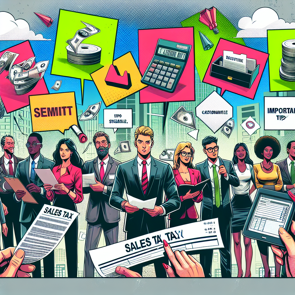 Generate a semi-realistic, brightly colored digital comic-style illustration emphasizing the topic: Carolina del Norte Sales Tax - Important Tips & Guidelines. The scene should be engaging and educational, featuring an array of expressive characters, both male and female, of diverse descents such as Caucasian, Black, Hispanic, and Asian. These characters should be involved in various illustrative actions that communicate key concepts about sales tax procedures. Relevant props should appear as well, such as receipts, calculators, and ledgers for added context. The composition should be clear, easy to follow, and done in a captivating editorial style.