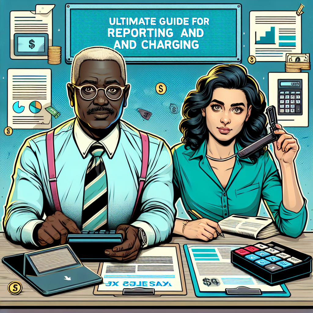 Generate a semi-realistic, vivid, digital comic illustration about Sales Tax in North Carolina titled 'Ultimate Guide for Reporting and Charging'. The image should feature two primary characters: an attentive, middle-aged black man with glasses who represents a tax advisor, and a young, curious Hispanic woman representing a business owner. In the background, place relevant props such as a cash register, tax documents, a calculator, and a signboard with the title of the topic. Use bright colors to create a clear composition, and make sure the style is engaging and suitable for an editorial context.