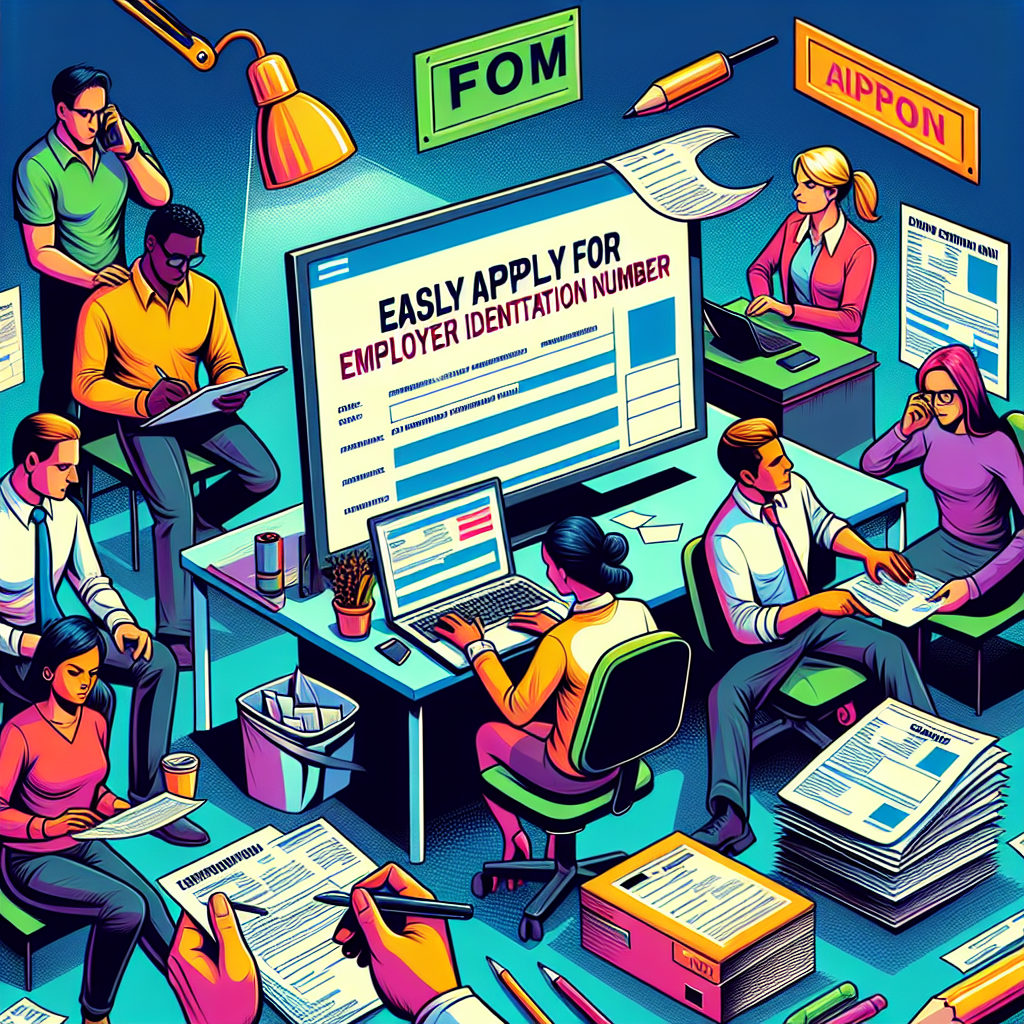 Create a digital illustration in a vivid, semi-realistic comic style about the process of easily applying for an Employer Identification Number. The scene should include expressive, diverse characters interacting with relevant props such as a computer, form paperwork, and a tax guide. Use bright colors to make the image pop and capture the viewer's attention. The composition should be clear with an engaging editorial style that guides the viewer's eye through the different elements of the scene.