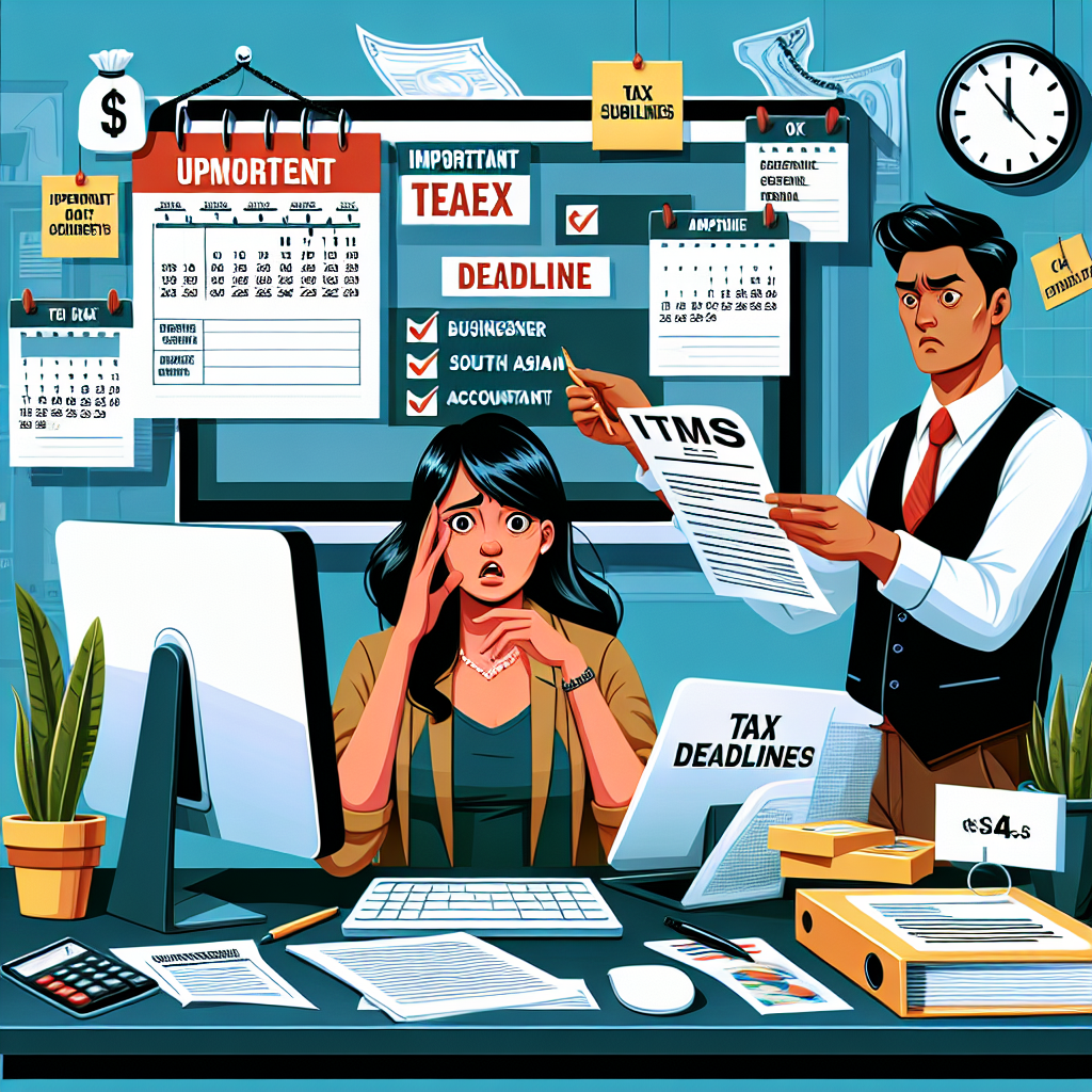 Design a detailed, semi-realistic, editorially styled digital illustration on the theme 'Important Tax Deadlines Every Business Owner Must Remember'. The scene should include a desk with a calendar showing important deadline dates, stressed female Hispanic business owner and a poised male South Asian accountant. Also, include documents with tax-related information, a clock showing the passing time, and a computer with tax submission website on the screen. The scene should be vibrant with bright colors, expressing the urgency and the importance of tax deadlines in a visually engaging and clear composition.