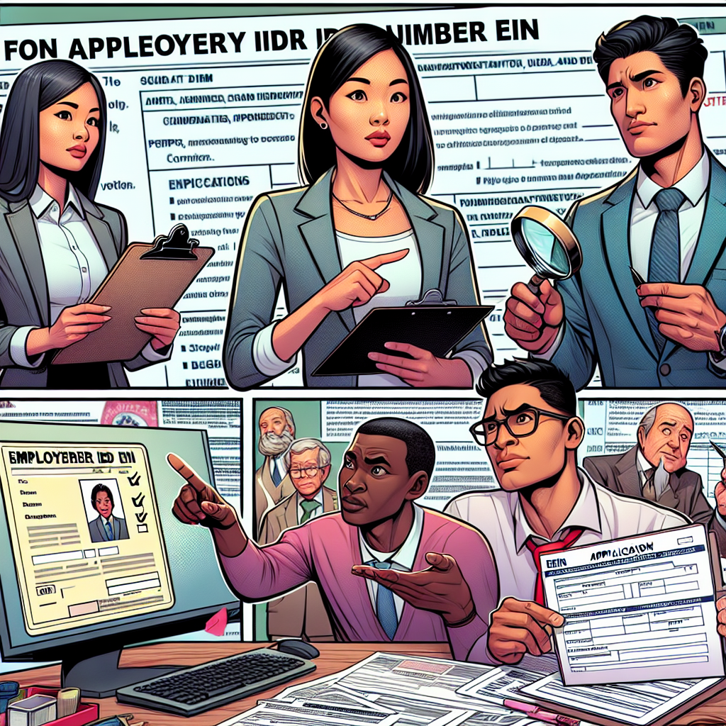 Imagine a digital, slightly exaggerated yet semi-realistic comic illustration of a guide on applying for an Employer ID Number, also known as an EIN. Let's add three main characters: a young Asian woman in professional attire holding a clipboard and checklist, a middle-aged Black man pointing to an application form with determination, and a curious Hispanic teen peering through a magnifying glass at a computer screen displaying information. Include relevant props such as forms, pens, computers, and official stamps. Colors should be bright and appealing, with clear composition and characters demonstrating clear expressions that match the theme of applying for an EIN. The illustration must embody an engaging editorial style.