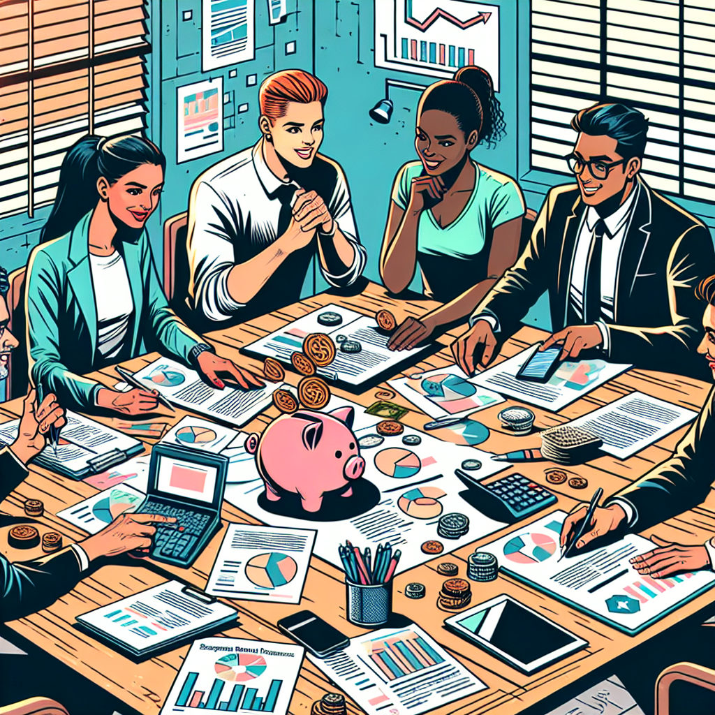 Generate a semi-realistic digital illustration in comic style about 'Separating Personal Finances from Business: Strategies to Minimize Taxes'. The scene should include a multicultural group of professional individuals with different genders, i.e., a Caucasian woman, a Hispanic man, a Black woman, and a Middle-Eastern man, all deeply engaged in a table discussion, surrounded by relevant items such as documents, calculators, graphs, and a piggy bank. The design should encompass bright colors, a clear composition and depict the persons conducting a lively financial meeting in an office environment, portraying an engaging editorial scene.