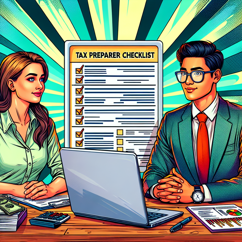 Imagine a colorful semi-realistic comic style digital image encapsulating the theme of 'Tax Preparer Checklist: Essential Tips for Hiring Your Best Choice'. The centerpiece is two individuals in a professional environment, one a Caucasian woman soliciting tax preparation advice, and the other a knowledgeable South Asian male tax expert with light spectacles. They're situated at a orderly desk cluttered with financial documents, a laptop displaying a checklist, and a calculator. The image radiates bright, engaging colors and clear composition suggestive of a systematic, methodical approach to choosing the best tax preparer.