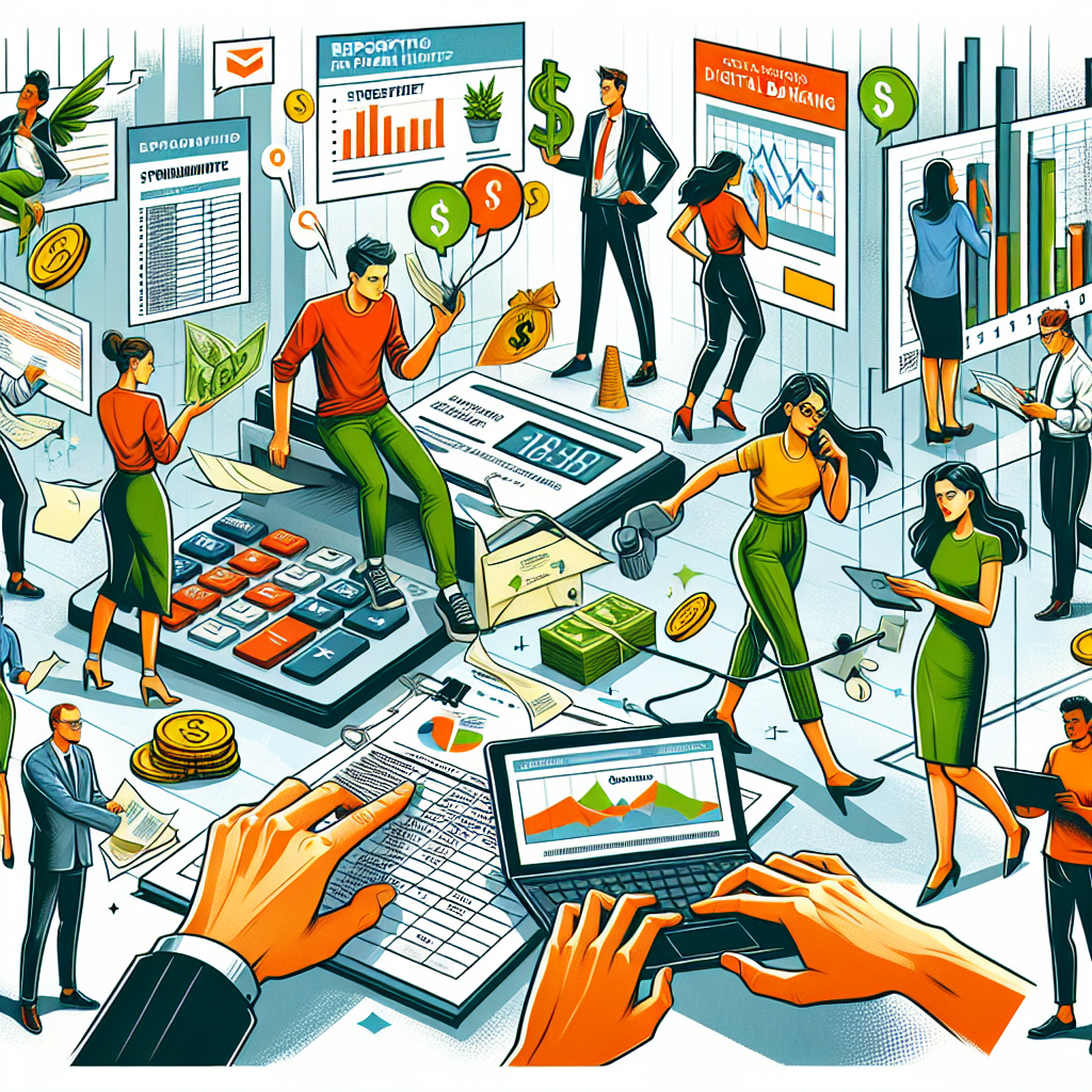 Create a vivid and detailed digital illustration in a semi-realistic comic style around the theme 'Reporting income from digital platforms: Essential Tips'. Include expressive characters of various genders and descents participating in the process, highlighting tasks like spreadsheet management, digital paperwork, and online banking. The characters should be shown in lively and engaging situations, dealing with relevant props such as digital tablets, computers, and financial documents. The composition should be clear and accessible, using bright, bold colors to draw attention to key areas of the narrative. All of this should be set in a visually appealing environment that emphasizes the digital, contemporary nature of the subject matter.