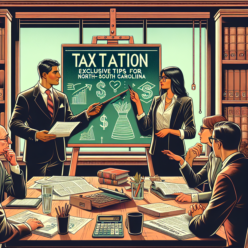 Create an expressive and richly detailed digital illustration in a semi-realistic comic style that represents 'Taxations of 2026: Exclusive Tips for North and South Carolina'. The scene should include characters of varying gender and descent. For instance, a Hispanic male tax consultant could be demonstrating tax-saving strategies on a chalkboard, a South Asian female client could be enthusiastically participating in the discussion, while a Caucasian male client is attentively listening. The setting should be a modern, bright office environment with relevant props such as tax forms, calculators, and legal books. Use saturated and lively colors for clarity and engagement, and ensure a coherent composition for an editorial style representation.