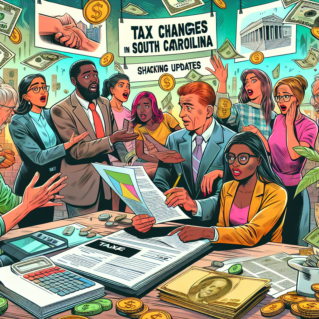 Create a vibrant and detailed digital illustration in a semi-realistic comic style related to 'Tax Changes in South Carolina for 2026: Shocking Updates'. The scene should showcase expressive characters of diverse descents and genders discussing the new tax laws. Include relevant props signifying taxation, such as tax forms, calculators, money, that correspond to the theme. Use a palette of bright colors, ensuring a clear and engaging composition. Capture the essence of an editorial style, highlighting the emotions and reactions of the characters to the tax changes.