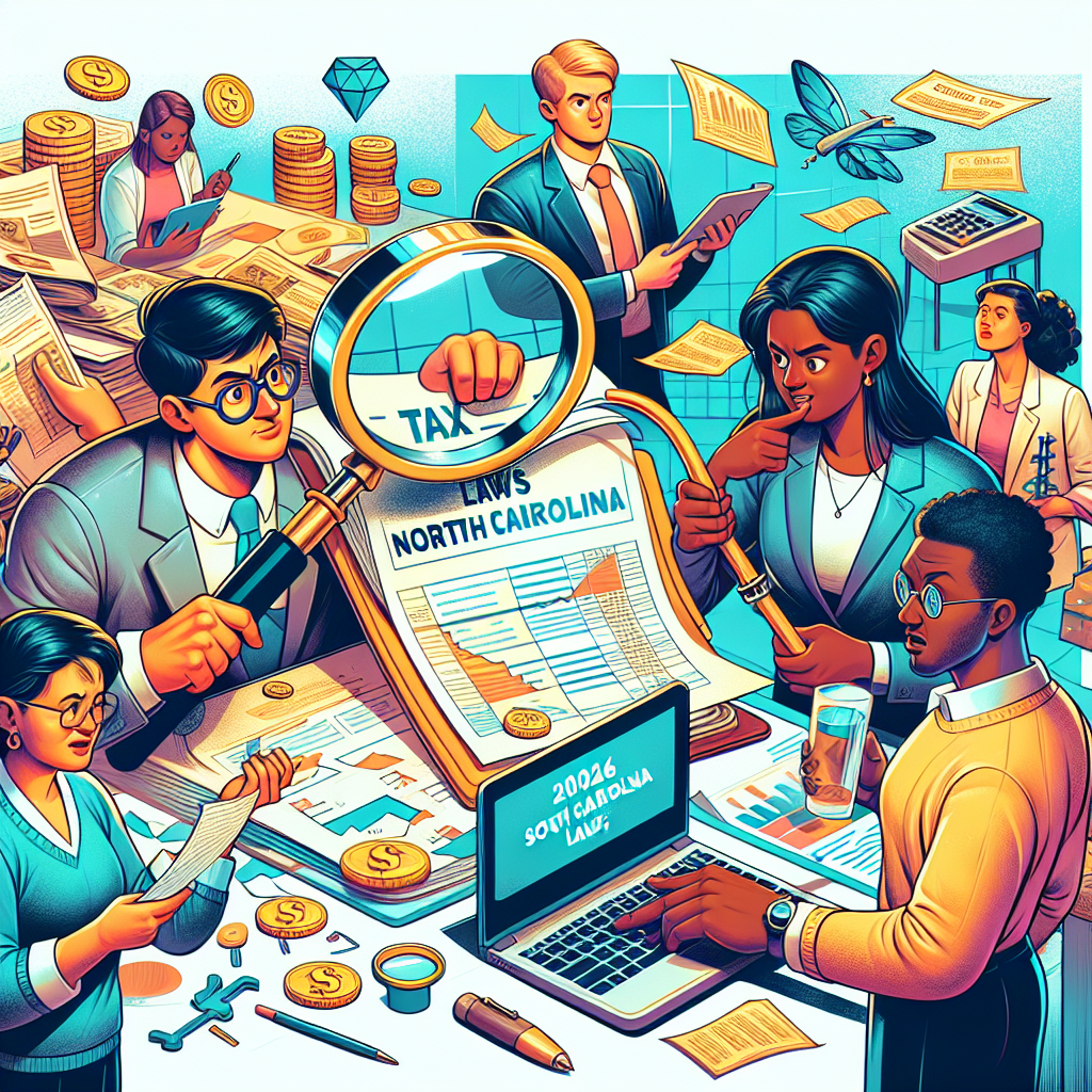 Create a vivid digital illustration in a semi-realistic comic style showcasing the 2026 Tax Differences between North Carolina and South Carolina. In this image several expressive characters with different descents and genders are engaged in intelligent discussion. Include a male South Asian tax professional with a giant magnifying glass inspecting a document labeled 'Tax Laws in North Carolina', a female Caucasian accountant holding 'South Carolina Tax laws’ comparing it side by side, and an African American businesswoman in a background analyzing a laptop screen with '2026 Tax Differences' displayed. Relevant props such as calculators, pens, paperwork, and a map of the Carolinas should also be incorporated into the image. The color palette should be bright and clear to make the composition engaging and easy to understand.