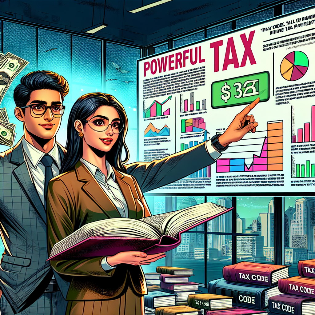 Create a captivating semi-realistic digital comic illustrations about powerful tax strategies in South Carolina for 2026. The scene should include a South Asian male tax professional who is pointing towards a brightly colored billboard with financial graphs, charts, and tips for reducing tax payment. Accompanying him, a Middle-Eastern female consultant is holding a big open book titled 'Tax Code', her face expressing mild fascination. The background should be an office setting with shelves full of relevant financial books. The overall composition should be engaging with bright colors clearly depicting the core theme.