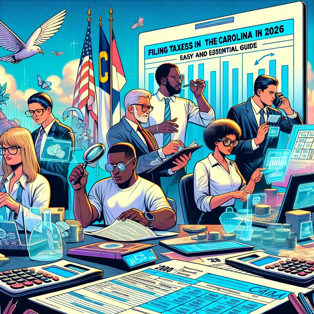 Create a vivid, detailed image depicting the theme 'Filing Taxes in the Carolinas in 2026: Easy and Essential Guide.' Use a semi-realist comic style and highlight a combination of expressive characters who are involved in various financial activities. These characters include a Caucasian woman fluent in tax laws, a Black man analyzing forms with a magnifying glass, a South-Asian woman operating a futuristic calculator, and a Hispanic man holding a digital guide. Fill the scene with relevant props like tax forms, digital screens showing graphs, futuristic calculators, and a backdrop of the Carolinas landscape. The colors should be bright, composition clear, and overall style engaging and editorial.