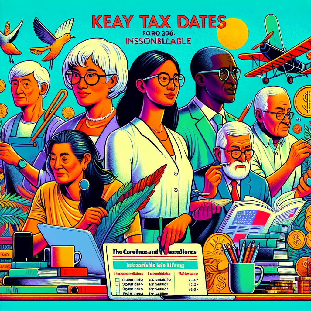 Create a vibrant, comprehensive digital illustration in a semi-realistic comic style showcasing key tax dates in the Carolinas for the year 2026: Indispensable and Lifelong. Incorporate illustrative, expressive characters of various genders and descents, such as a South Asian female tax consultant, a Black male accountant and a Middle Eastern male retiree, with related props that mirror the theme. Use a palette of bright colors for overall composition and an engaging editorial style to appeal to the viewer.