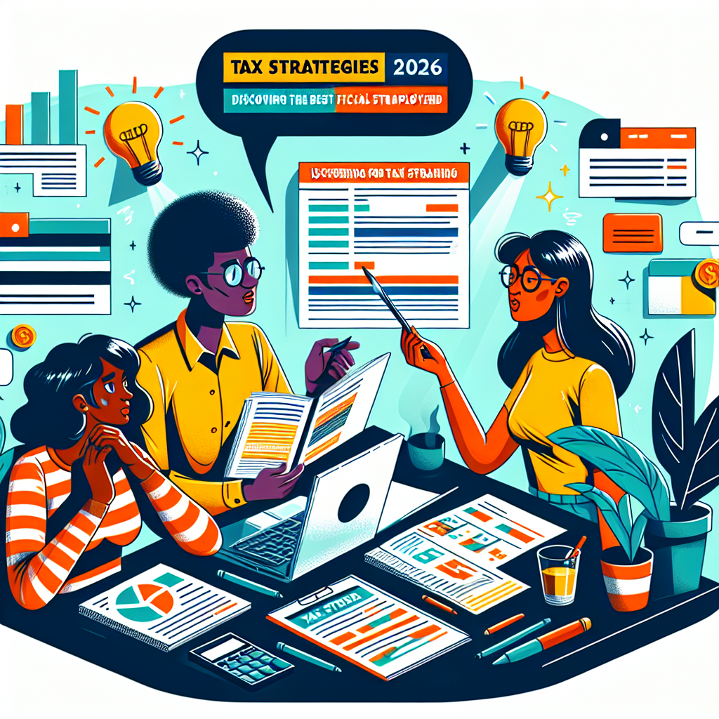 Design a vibrant and precise digital illustration in a semi-realistic comic style illustrating the theme 'Tax Strategies 2026: Discovering the Best Fiscal Strategies for Self-Employment'. Include expressive characters from diverse descents such as a Black woman and East Asian man, all presumably self-employed, discussing and planning their tax strategies. Add in relevant props like documents, calculators, laptops showcasing tax forms, and highlight the positive outcome of good tax planning. Use bright colors to draw attention, ensure clear composition and give it an engaging editorial style to communicate the complexity of the subject in a visually enticing and understandable manner.