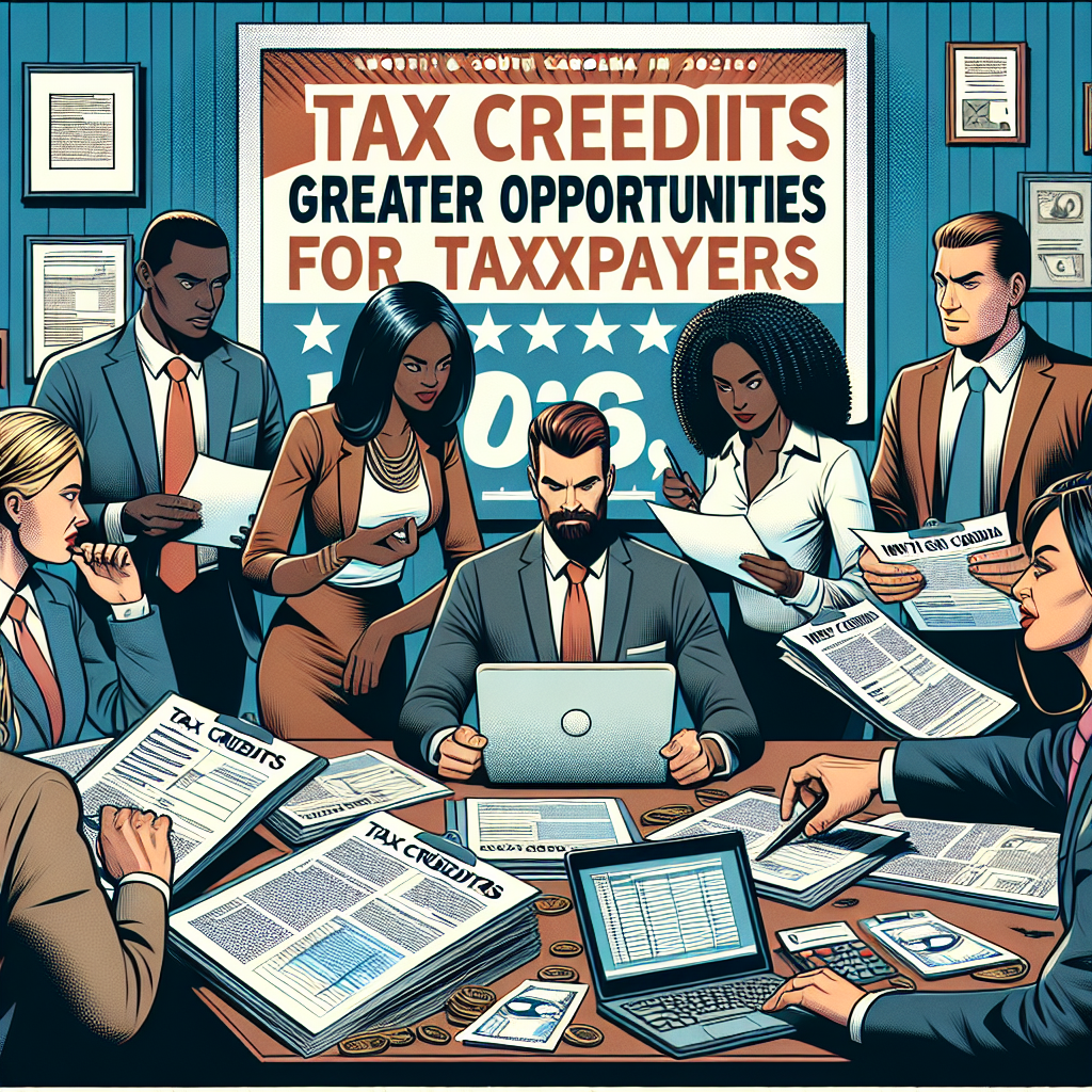 Create a vivid, detailed digital illustration in semi-realistic comic style about Available Tax Credits in North and South Carolina in 2026: Greater Opportunities for Taxpayers. Include expressive characters of different genders and descents, such as a Caucasian male accountant, a Black female taxpayer, a Hispanic male financial advisor, and a South Asian female tax officer, who are discussing and examining the tax forms, credits and financial documents. Please illustrate relevant props that match the theme like calculators, laptops, official papers, and tax forms. Design the scenario with bright colors, clear composition, and engaging editorial style. Make sure the depiction promotes a positive message about the opportunities for taxpayers.