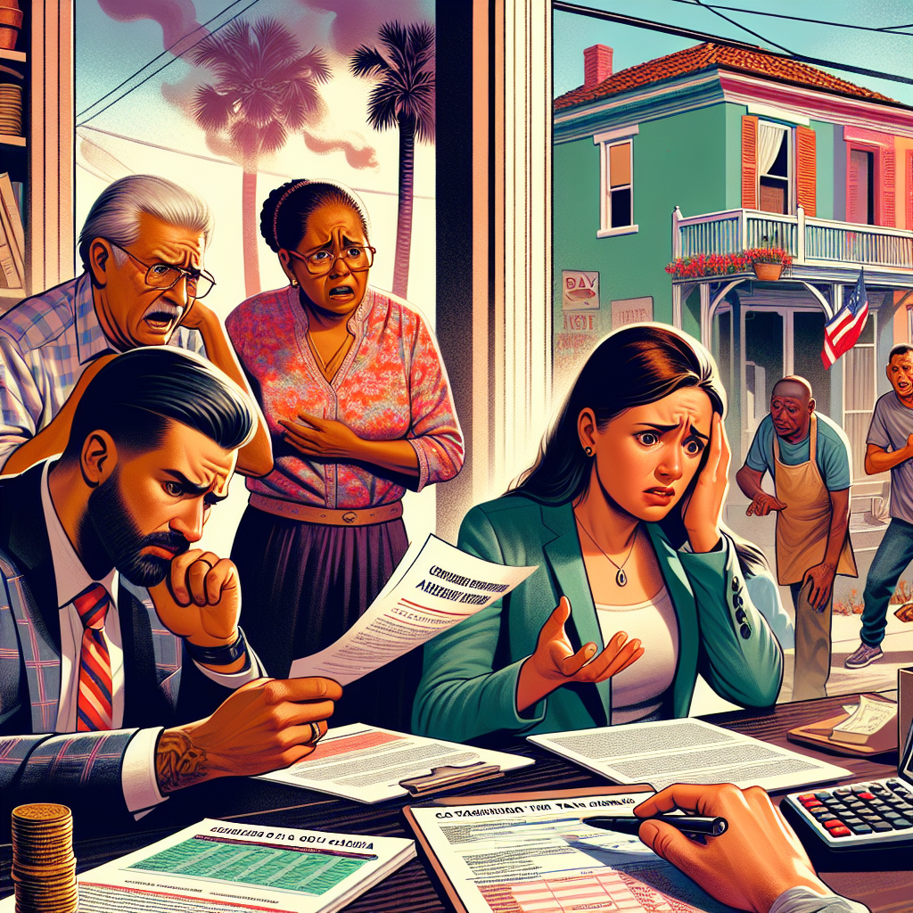 Create a vibrant and detailed digital illustration in a semi-realistic comic style depicting families in South Carolina and the impact of new tax laws on them. The scene should contain diverse representations of characters including a Hispanic couple anxiously studying some document, a Caucasian female tax professional explaining the changes, and a black male entrepreneur worried about the effect of the new law on his small business. Include relevant props like tax forms, a calculator, a small scale model of a shop, etc. Let the colors be bright, the composition clear, and the style engaging, reminiscent of an editorial cartoon.